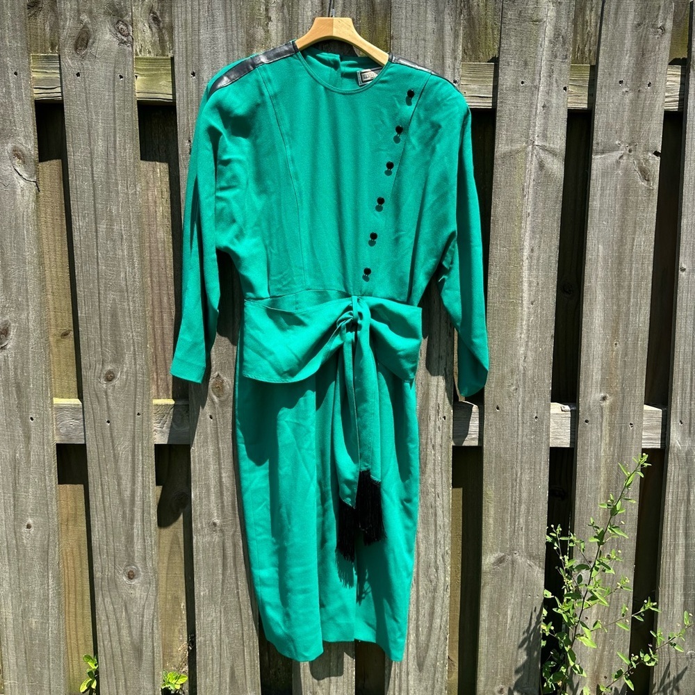 Vintage Mansfield London Green And Black Long Sleeve Dress US 14 UK 16